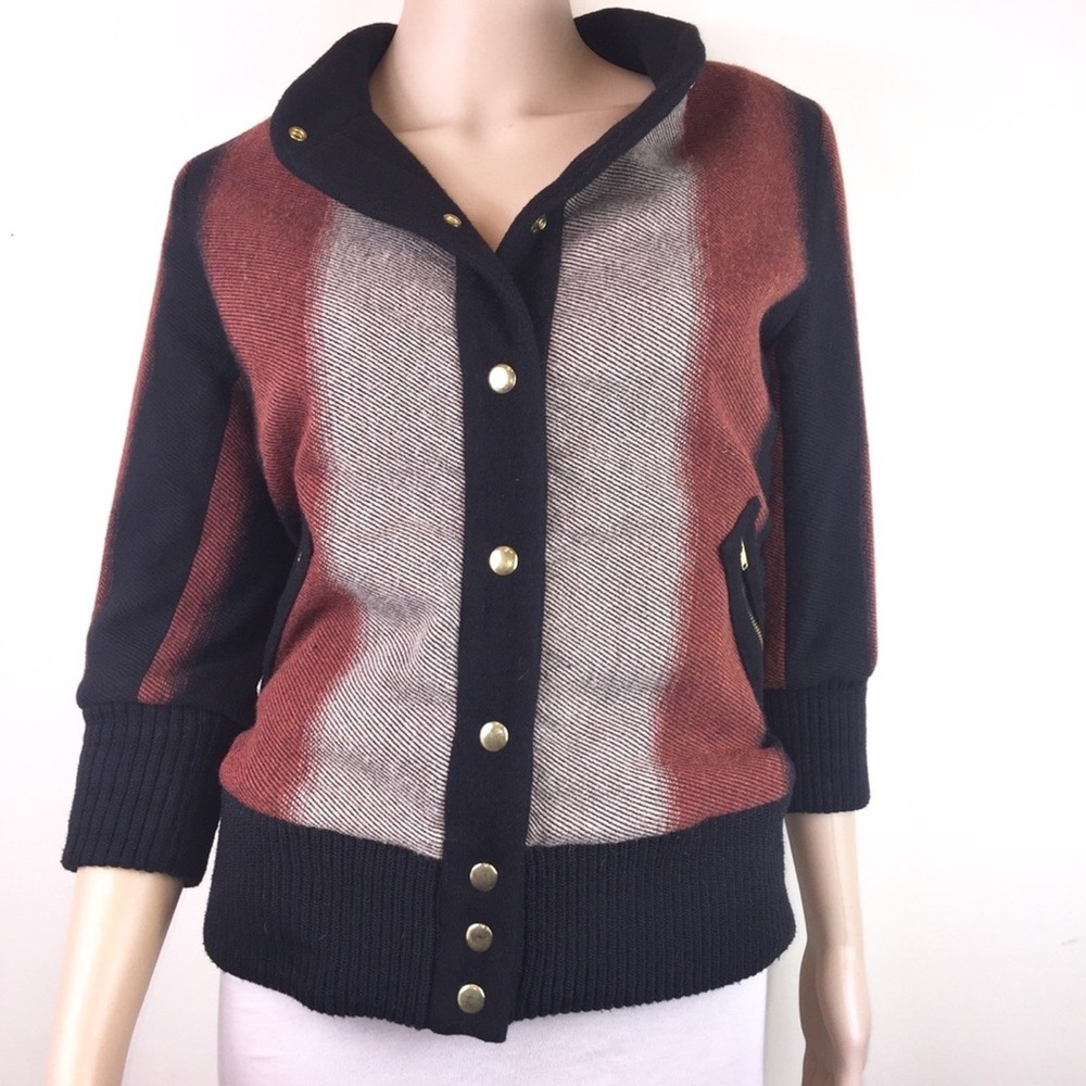 Lauren Moffatt Black/Rust Wool Blend Bomber Jacket with Zip Pockets, Sz S